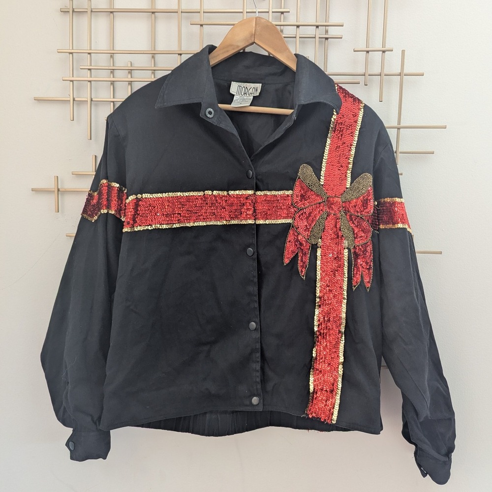VTG Miss‎ Morgan Black Sequin Gift Bow Holiday Snap Up Shirt Jacket Women's Sz M